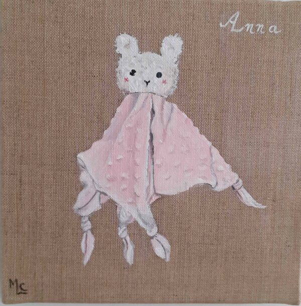 peinture sur toile de lin d'un doudou souris rose