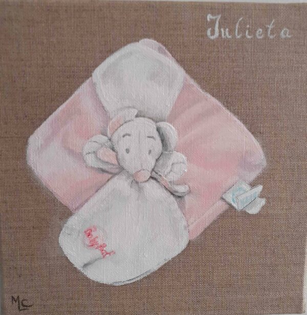 peinture sur toile de lin d'un doudou rose et blanc