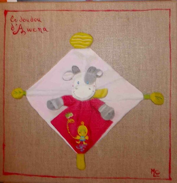 tableau d'un doudou rouge et blanc en toile de lin