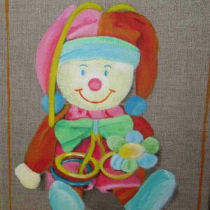 peinture d'un doudou orange sur toile de lin