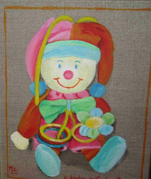 peinture d'un doudou orange sur toile de lin