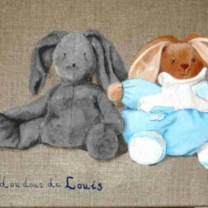 peinture doudou gris et doudou bleu sur toile de lin