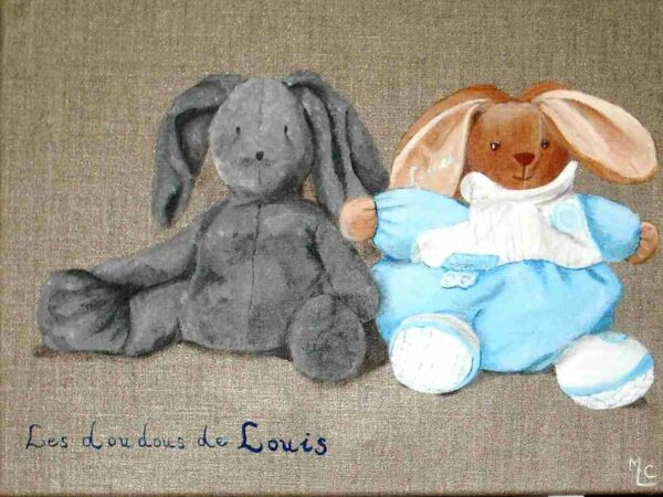 peinture doudou gris et doudou bleu sur toile de lin