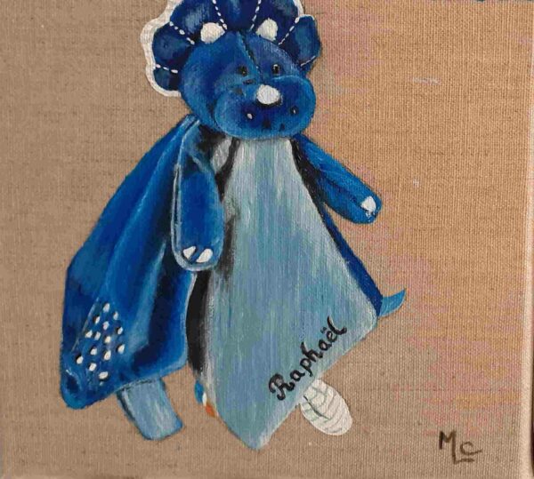 tableau d'un doudou bleu en toile de lin